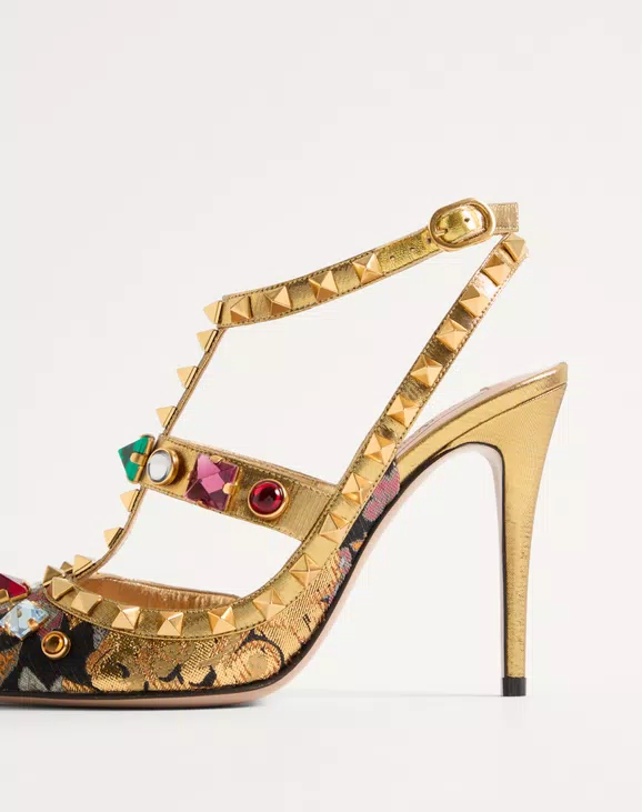 Valentino Rockstud Pumps With Straps In Jacquard Apres L’Hiver Fabric With Crystals 100Mm - Image 2